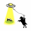 UFO kidnaps a cow. Concept aliens flew to the ranch. Isolated on white background. Royalty Free Stock Photo